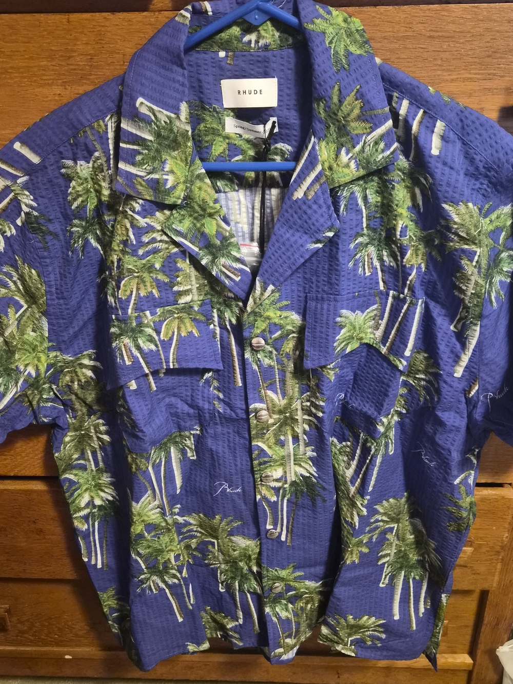 Rhude Blue Palm-Print Short Sleeve Camp Shirt